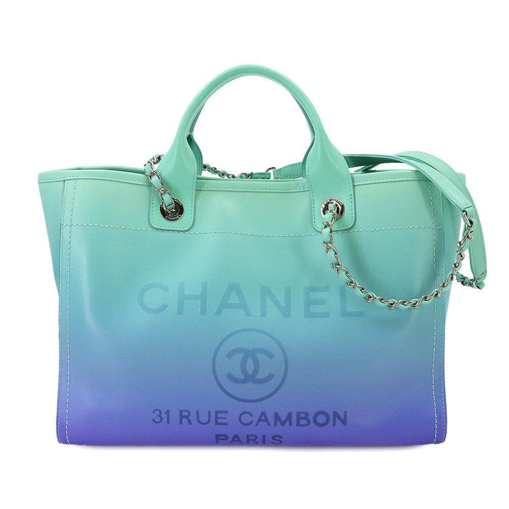 Chanel Deauville 2-way Chain Tote Shoulder Handbag, Leather, Blue, Silver Har...